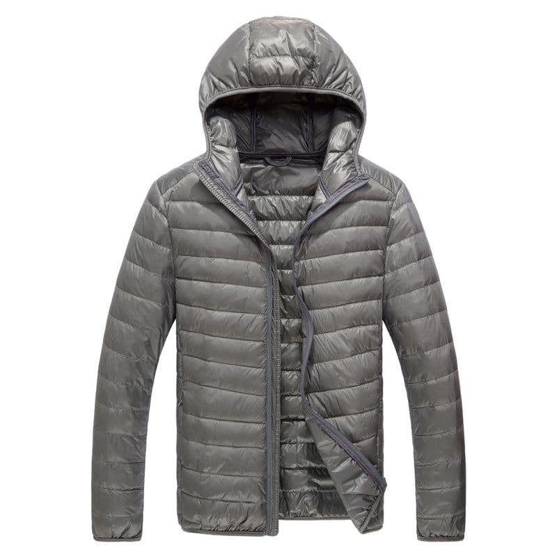image-Men's Down Jacket - Light Grey Stand Collar Hooded