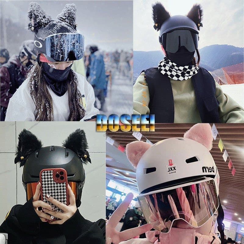 image-Motorcycle Helmet Cat Ears Bow Decoration - Plush Red