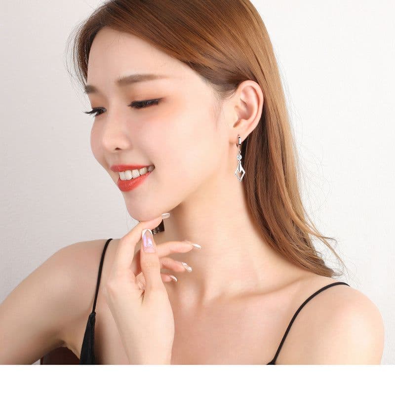 image-Geometric Crystal Earrings - White Gold Plated Copper