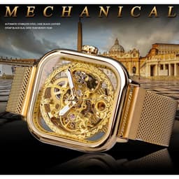 image-Forsining gold hollow watch men's fully automatic mechanical watch luminous mesh belt watch a generation
