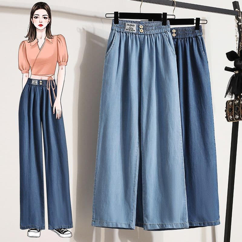 image-Navy Blue Tencel Denim Wide-Leg High Waist Pants Women Summer