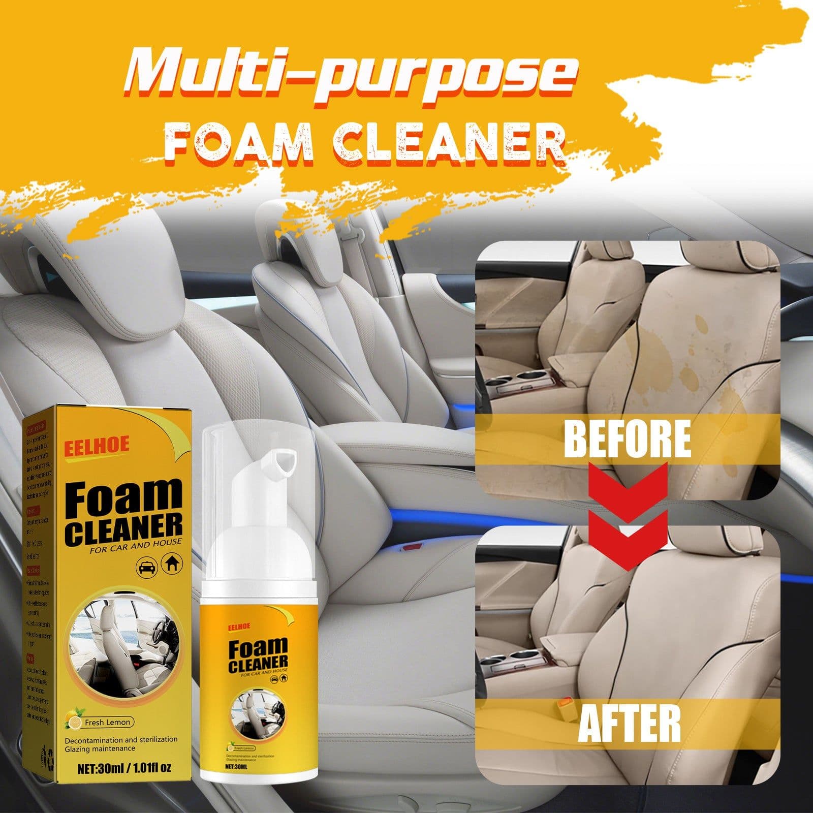 image-Multi-functional Foam Cleaner for Car Interior Leather Seats and Wheels - 100ml