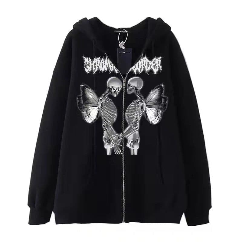 image-Women Skull Wings Hooded Zipper Sweater Velvet Thickened Cardigan Korean Version