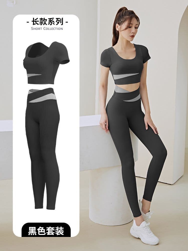 image-Summer new one-piece fixed chest pad sports top yoga pants suit fitness short-sleeved beauty back two-piece set for women