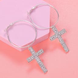 image-Rhinestone Cross Hoop Earrings - Silver Alloy
