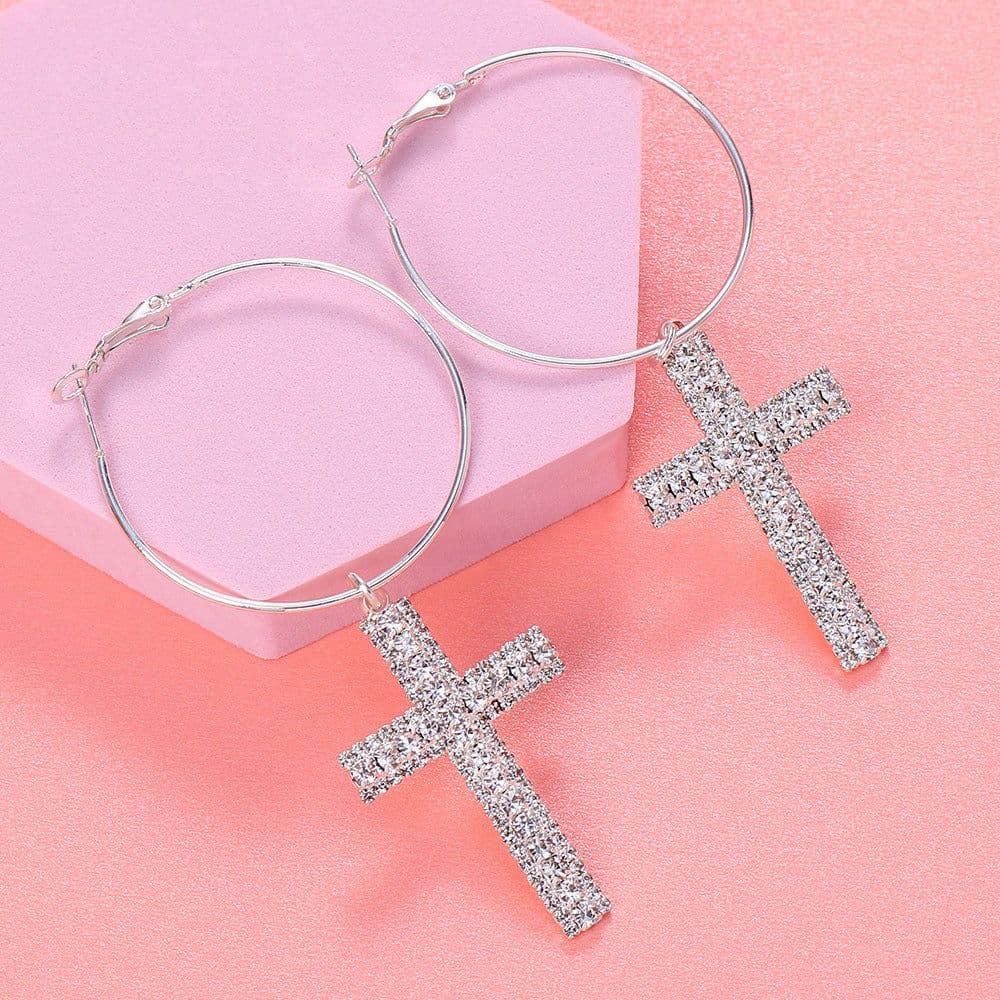 image-Rhinestone Cross Hoop Earrings - Silver Alloy