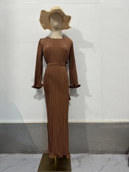 image-2023 Autumn Long Skirt Dress - Brown Pleated Bell Sleeve XXL