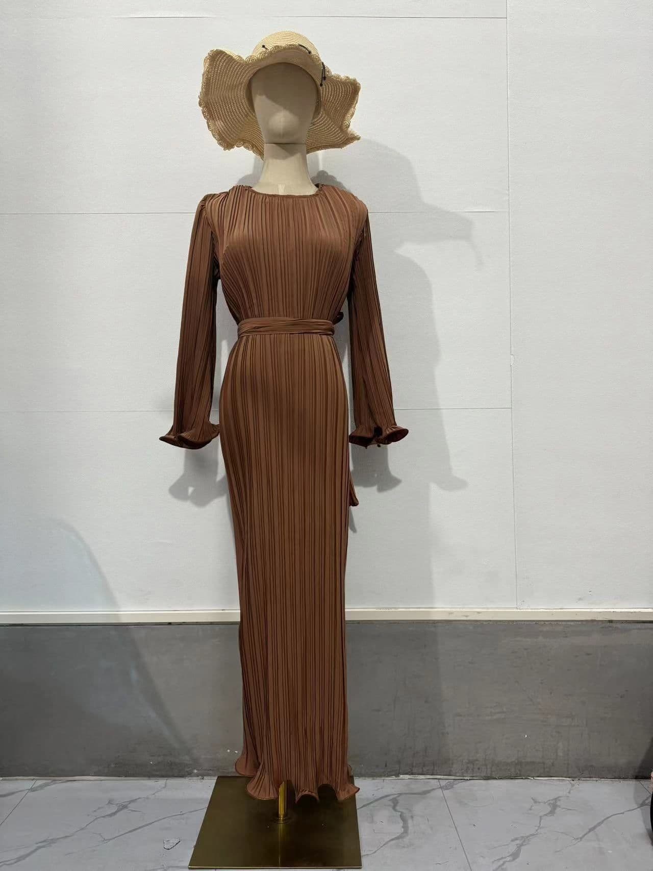 image-2023 Autumn Long Skirt Dress - Brown Pleated Bell Sleeve XXL