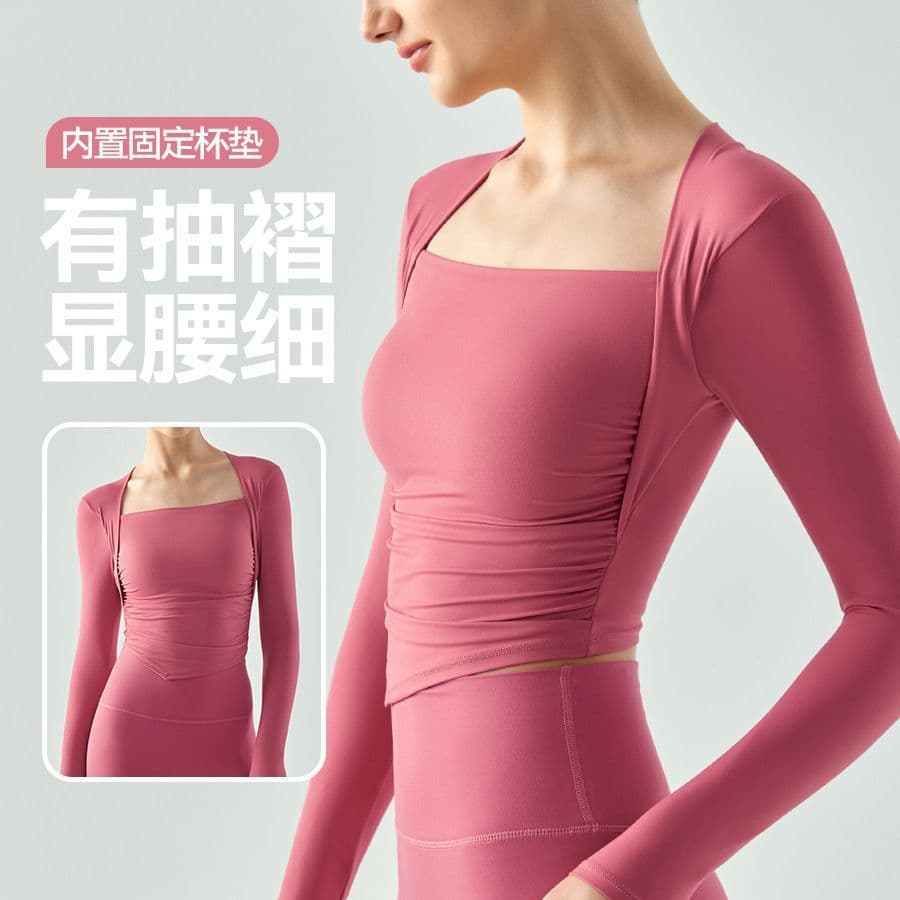 image-Yoga Long-Sleeved Fitness Top - Pleated Slim Running Top