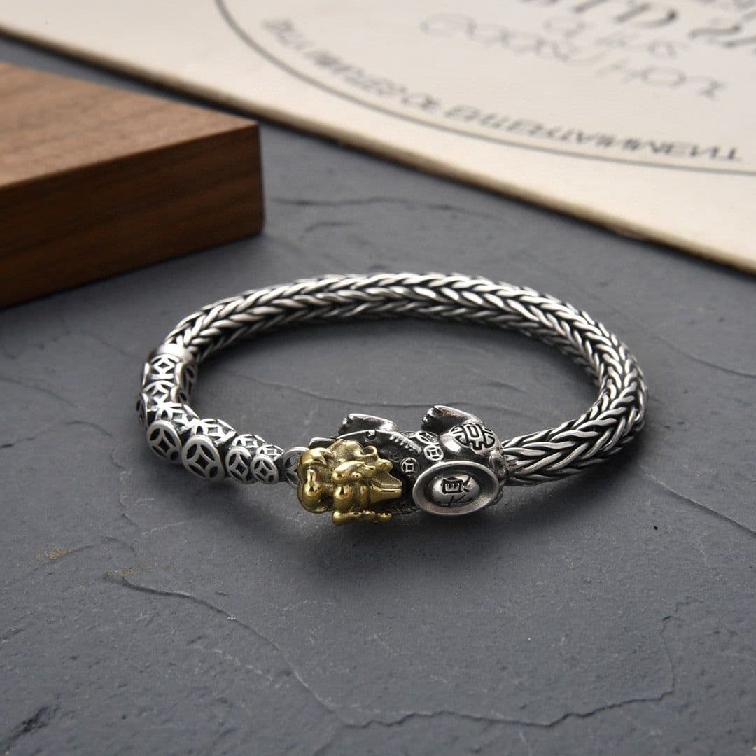 image-Sterling Silver Pixiu Bracelet for Men, Hand-Woven, 925 Silver, 22cm