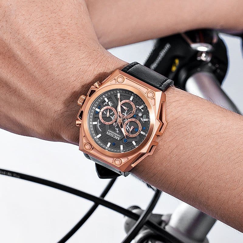 image-Megir 47mm Chronograph Sports Watch - Stainless Steel 50m Waterproof Black Strap