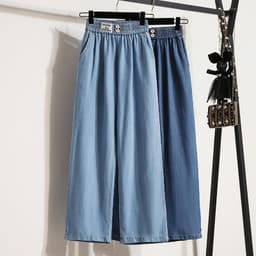 image-Navy Blue Tencel Denim Wide-Leg High Waist Pants Women Summer