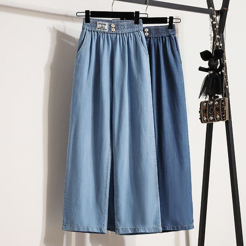image-Navy Blue Tencel Denim Wide-Leg High Waist Pants Women Summer