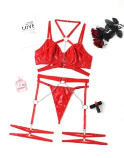 image-Women's Lingerie Set - Black Polyester 3-Piece Chain Neck