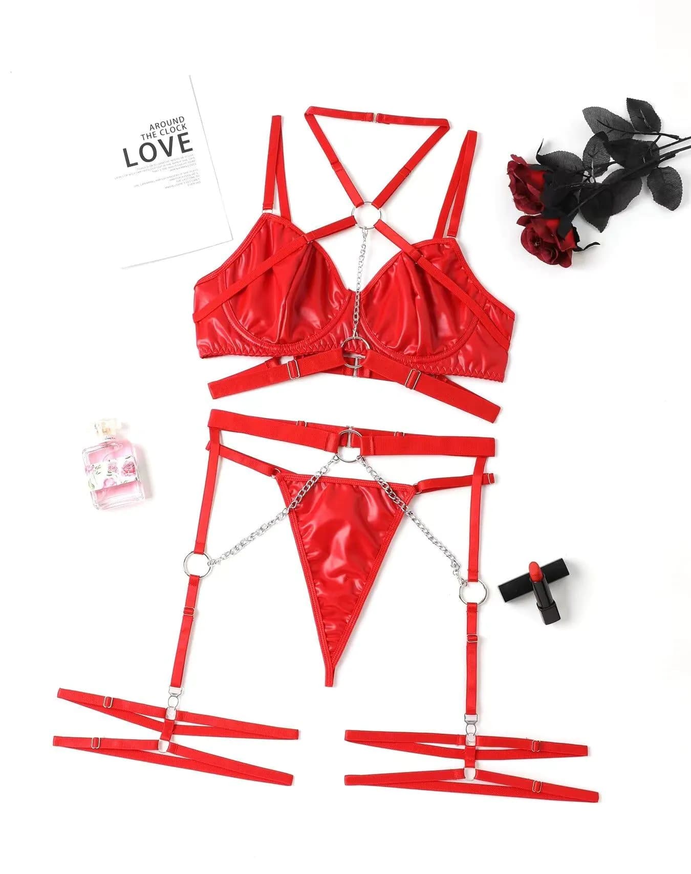 image-Women's Lingerie Set - Black Polyester 3-Piece Chain Neck