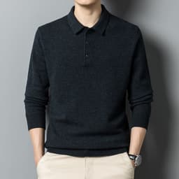 image-Men's Wool Sweater - Black Long Sleeve Lapel Pullover