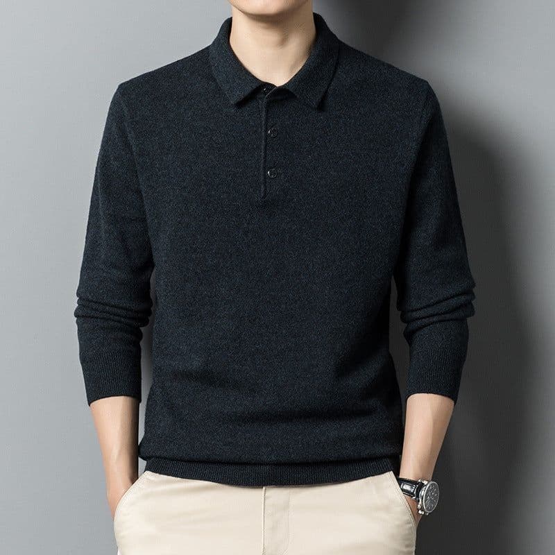 image-Men's Wool Sweater - Black Long Sleeve Lapel Pullover