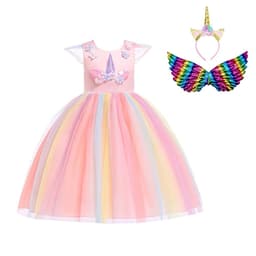 image-Halloween Unicorn Ruffle Sleeve Rainbow Dress - Light Blue, 3-8 Years
