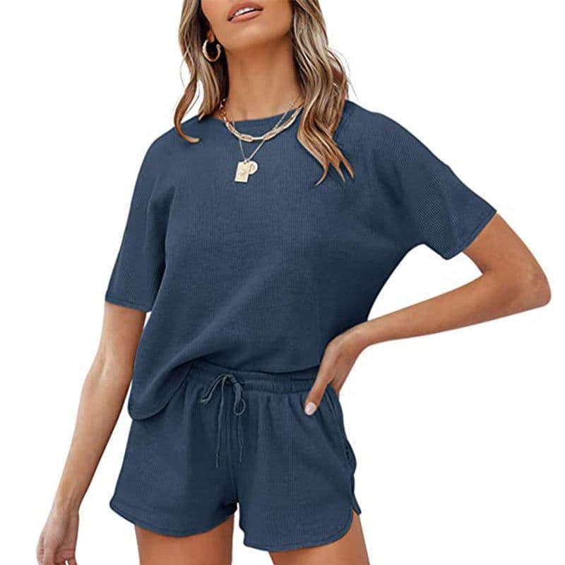 image-Spring/Summer 2023 Retro Casual Waffle Two-Piece Suit - XXL Solid Color