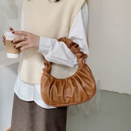 image-Korean Version Women's PU Cloud Pleated Bag - Gold Solid Color