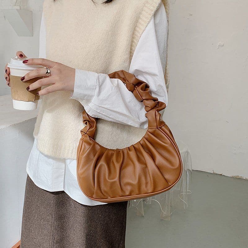 image-Korean Version Women's PU Cloud Pleated Bag - Gold Solid Color