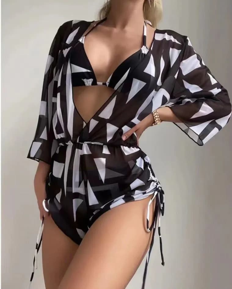 image-2023 Cross-Border Bikini Set, Beige, XL, Mesh, Waist Drawstring