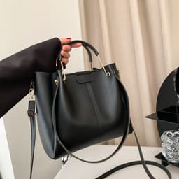 image-Khaki PU Bucket Bag - Large Capacity Tote