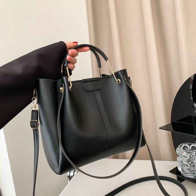 image-Khaki PU Bucket Bag - Large Capacity Tote