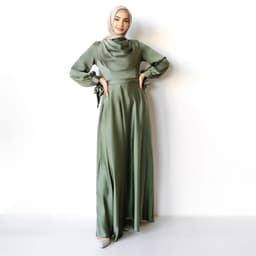 image-Muslim Abaya Dress - Long Sleeve High Waist A-Line Off White