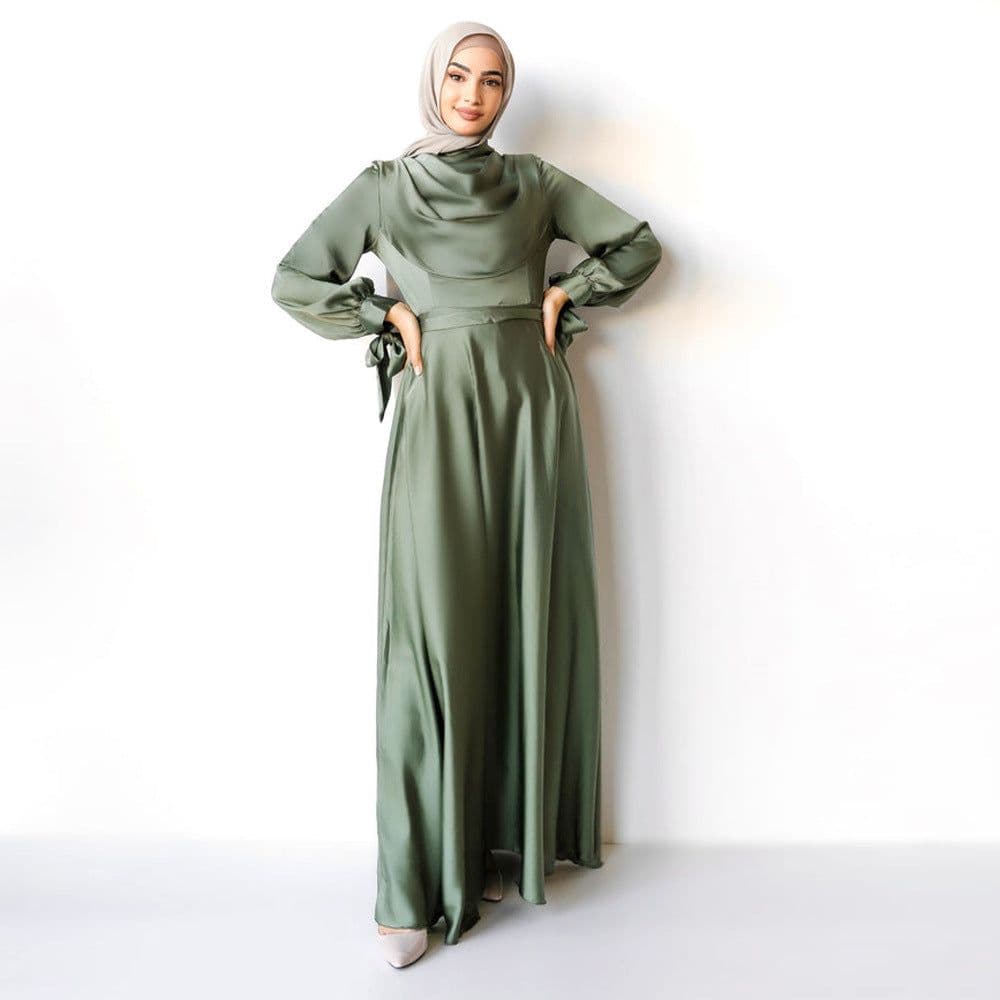 image-Muslim Abaya Dress - Long Sleeve High Waist A-Line Off White