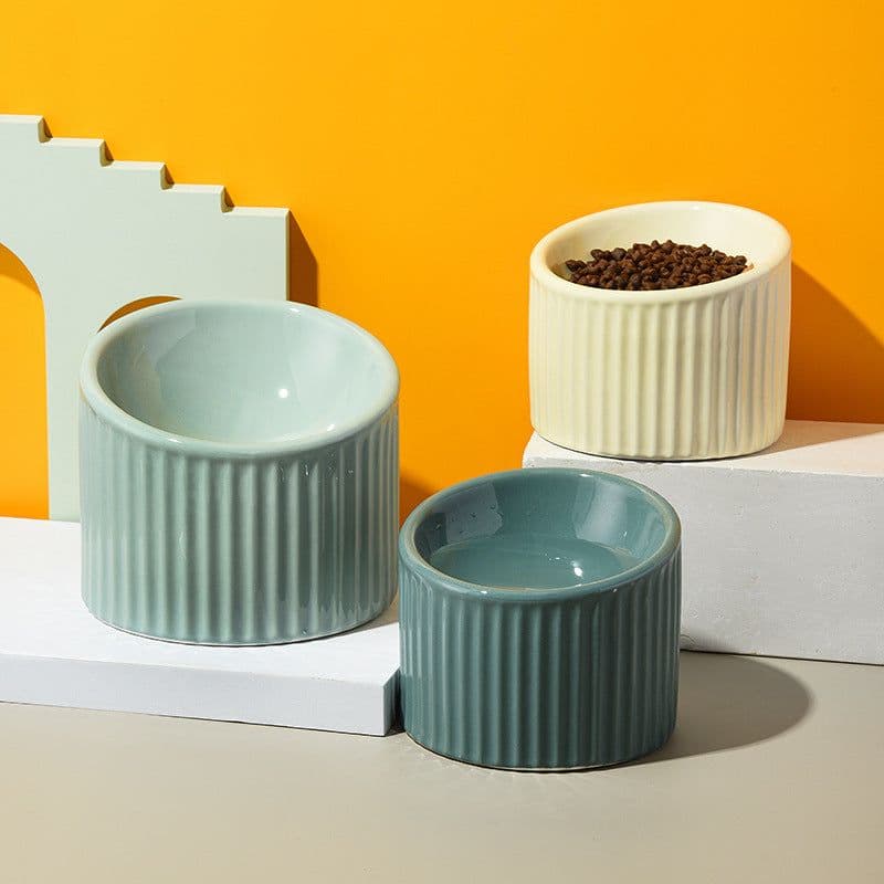 image-Cat Ceramic Bowl - Light Green Striped High Feet