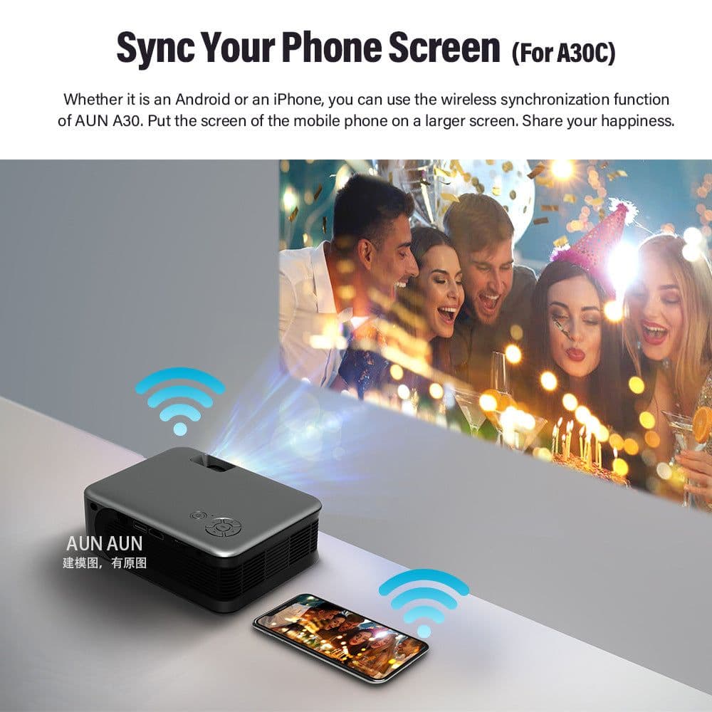 image-AUN A30 Mini LED Projector - Portable Cinema, Mobile Phone Projector, 201W-400W
