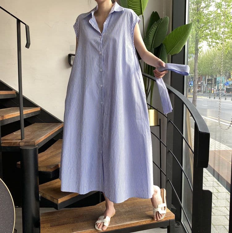 image-Women's Polo Collar Striped Shirt Dress - Long Sleeve A-Line