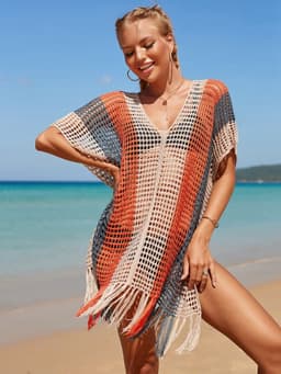 image-Women's Rainbow Hollow Bikini Blouse - Beach Cover Up