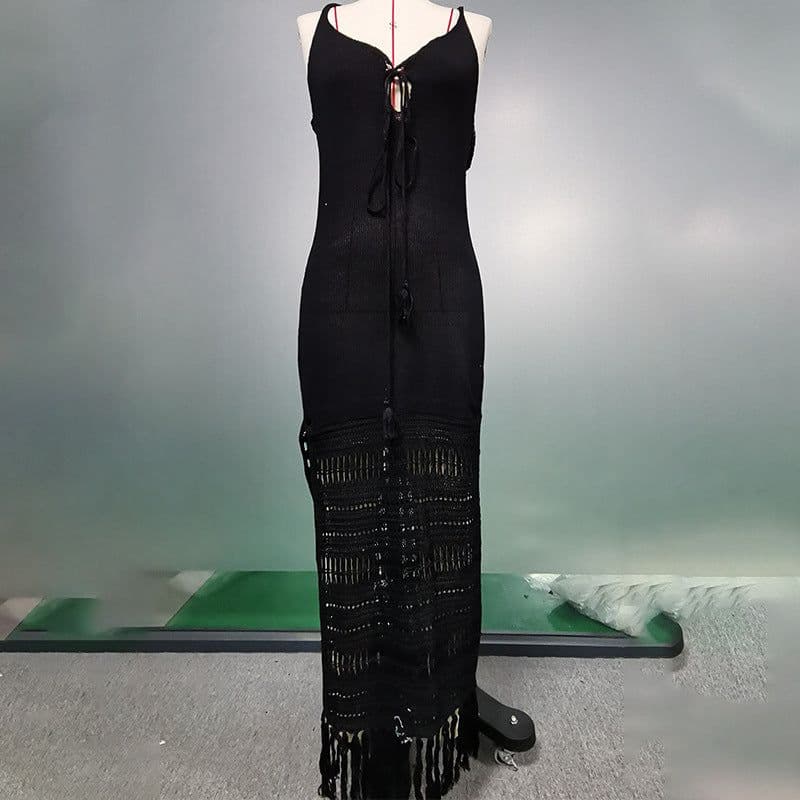 image-2023 Lace-Up Tassel Bikini Cover-Up Beach Dress