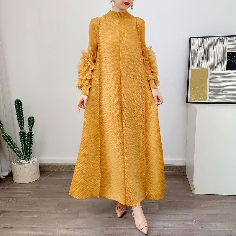 image-Royal Blue Pleated Long Dress - Polyester Loose Fit