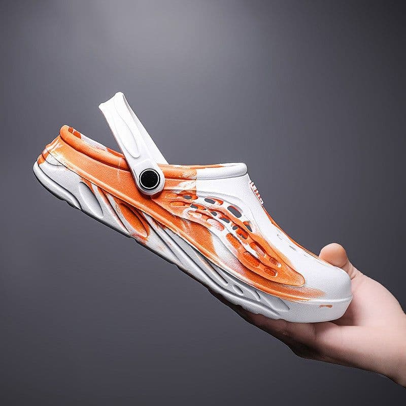 image-Men's Crocs Baotou Sandals - Thick-soled Beach Slippers, White/Orange, Size 45