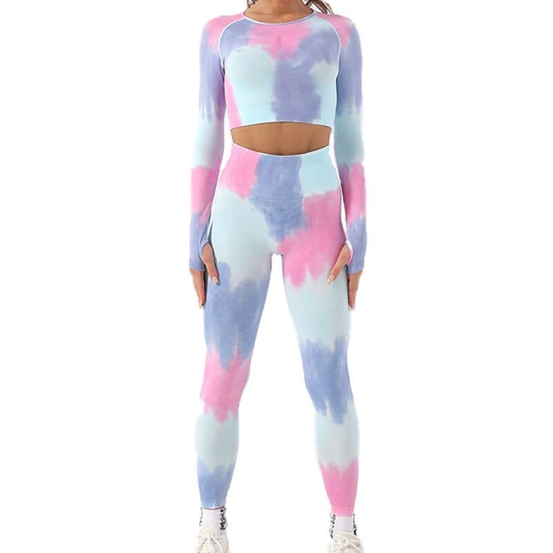 image-Women's Tie-Dye Yoga Pants Long Sleeve Fitness Suit 2022 Green L
