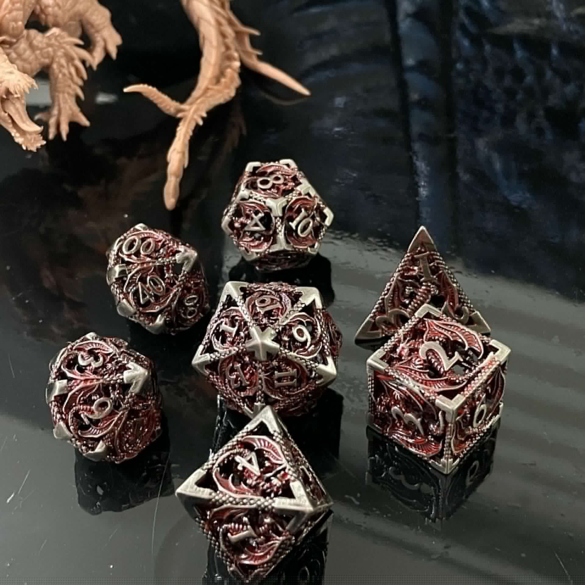 image-Metal D20 Dice - Hollow Dragon Design Green w/ Red Numbers