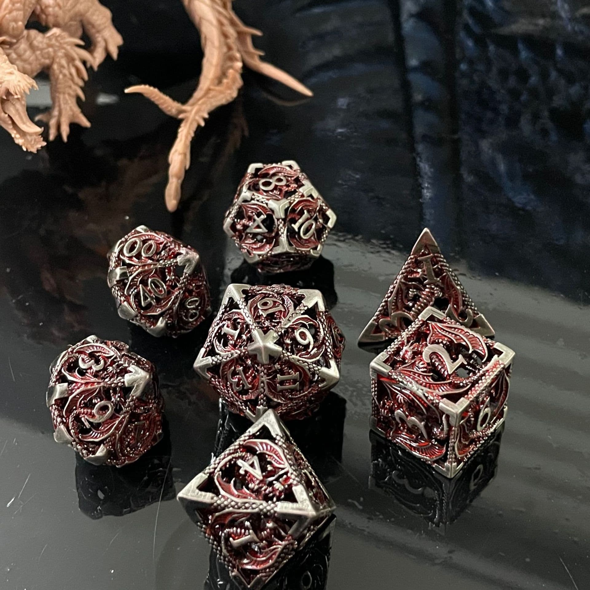 image-Metal D20 Dice - Hollow Dragon Design Green w/ Red Numbers