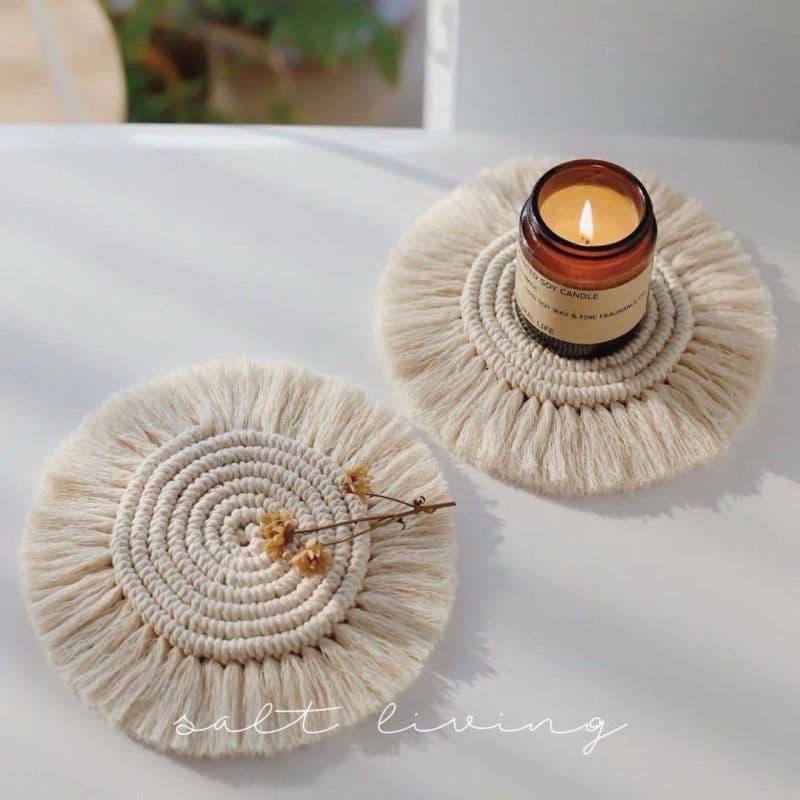 image-Boho Round Hand-Woven Table Mat - Gray 17cm Western Coaster