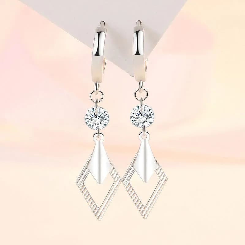 image-Geometric Crystal Earrings - White Gold Plated Copper