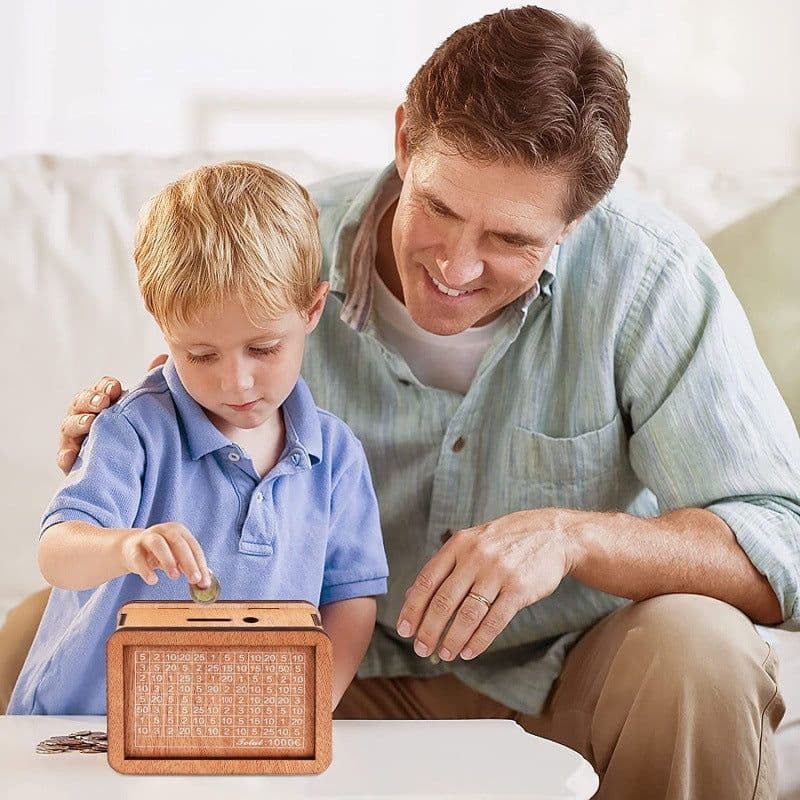 image-Wooden Money Box Counter Piggy Bank Storage