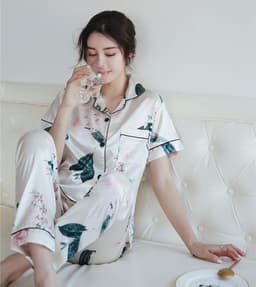 image-Silk Satin Pajamas - Plus Size Short-Sleeved Trousers, 5XL, Double Blue Satin, Comfortable