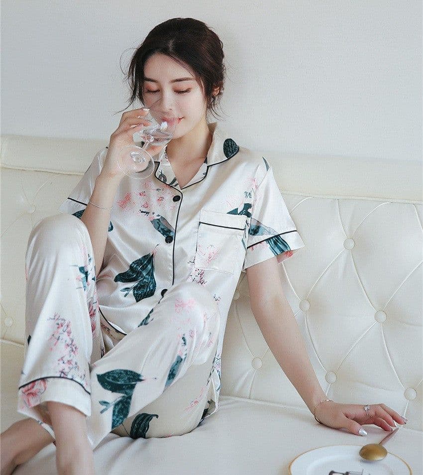 image-Silk Satin Pajamas - Plus Size Short-Sleeved Trousers, 5XL, Double Blue Satin, Comfortable