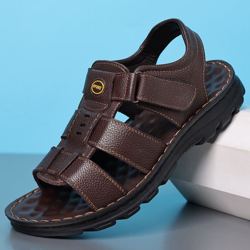 image-BANGDENG Leather Sandals Men Brown Size 44 Velcro