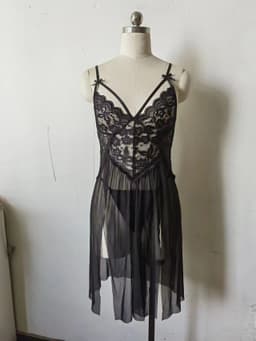 image-European and American erotic lingerie sexy mesh see-through pajamas lace embroidery suspender nightdress female slit revealing breast long skirt