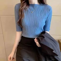 image-Women's 2023 Summer Slim Short Top Blue Cotton Shirt