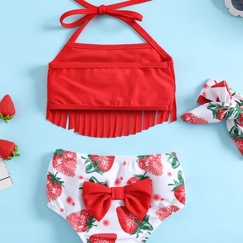 image-Strawberry Print Girl Swimsuit Red Tassel 3-Piece