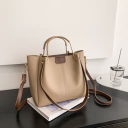 image-Khaki PU Bucket Bag - Large Capacity Tote